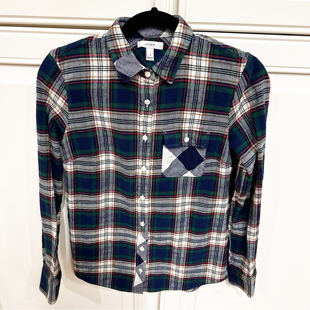 J.Crew Women’s Plaid Tartan Mixed Media Button Front Cotton Flannel Shirt Blouse